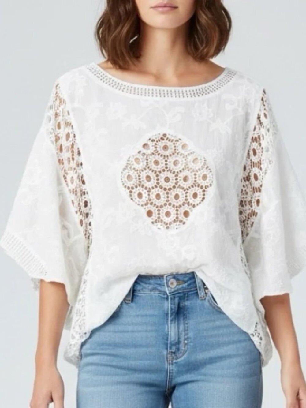 ** Cellabie Ivory White Cotton Embroidered Dolman Sleeve Prairie Boho Blouse OS